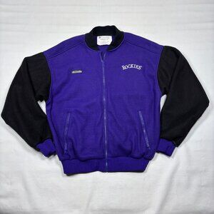 VTG 90s Columbia Colorado Rockies MLB Purple Black Fleece Bomber Jacket Mens L